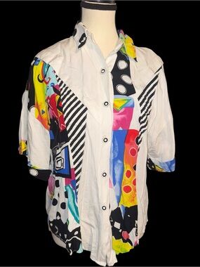 1980’s Saint Germain Paris Blouse Large Made USA 90s Abstract Geometric Memphis